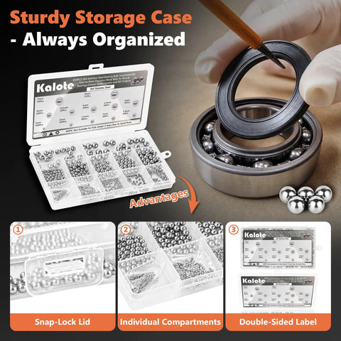 650 Piece 304 Stainless Steel Bearing Balls Set 1mm To 8mm Assortment Kit in case with various sizes labeled