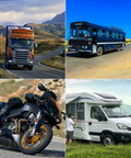 Collage of a truck, bus, motorcycle, and RV showcasing vehicles that can use the 4 Inch Decal Remover Eraser Wheel Kit With Drill Attachment