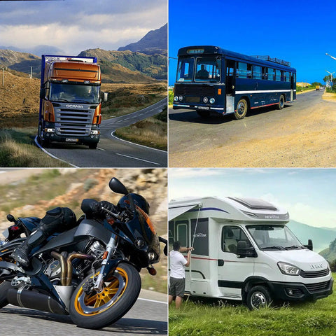 Collage of a truck, bus, motorcycle, and RV showcasing vehicles that can use the 4 Inch Decal Remover Eraser Wheel Kit With Drill Attachment
