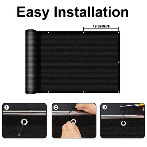 Installation guide for Black 3x16 Balcony Privacy Screen made from HDPE with easy zip tie setup, provides UV protection and privacy.