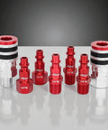 Front view of Milton 7-piece red aluminum 1/4 in NPT air fittings kit with rubber bumpers