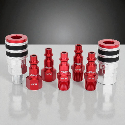 Front view of Milton 7-piece red aluminum 1/4 in NPT air fittings kit with rubber bumpers