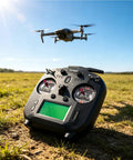 FS-ST8 8-10CH 2.4GHz RC Transmitter with FS-SR8 Receiver and drone flying in a field