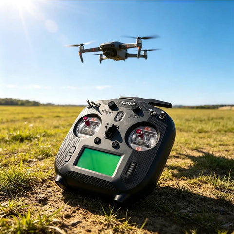 FS-ST8 8-10CH 2.4GHz RC Transmitter with FS-SR8 Receiver and drone flying in a field