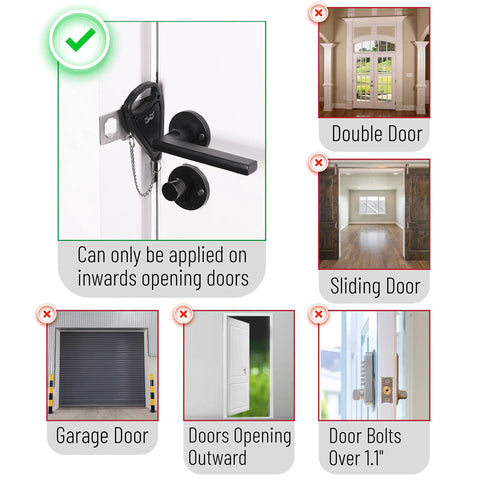 Installation guide for Portable Door Lock Security Kit For Home And Travel Privacy And Kid Safety Durable Door Latch That Prevents Entry Even With A Key Ideal For Hotels Dorms Airbnb And Travelers showing suitable door types.
