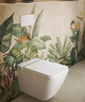 Solid Setup Rectangular Toilet Seat With Slick Soft Close Hinges And Easy Care Duroplast Frame Original Quality Bathroom Essentials Heavy Duty Replacement Lid Stone White on a wall-mounted toilet.