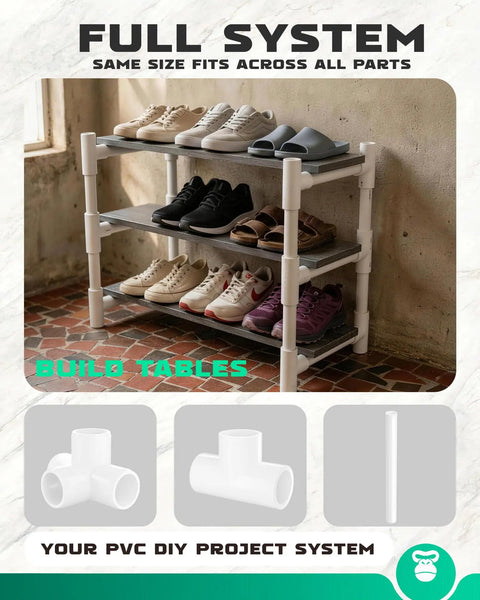 PVC pipe shelf used as shoe rack with 3 shelves, highlighted build tables feature for DIY projects using heavy duty 2 inch PVC fittings.