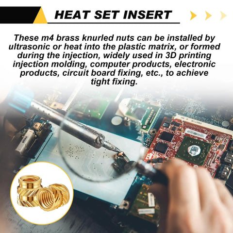 Bulk Pack of 300 Brass M4 Heat Set Threaded Inserts Knurled For Plastic, installation in electronics with a soldering iron