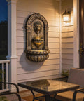 Wall Mounted Outdoor Fountain With 3 Tier Cascade, Adjustable Flow And LED Lights, Bronze Resin Garden Fountain For Patio Or Backyard