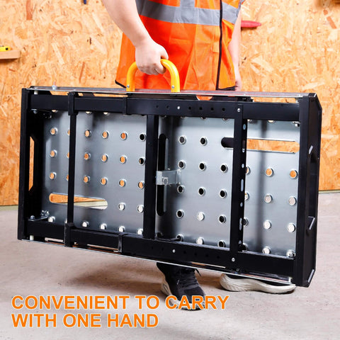 Person carrying folded Heavy Duty Welding Table With 1000 Lb Load Capacity, Folding Metal Workbench for Welding.