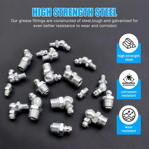 220 Piece Grease Fitting Kit For Metric And SAE Zerk Fittings With M6 M8 M10 And Inch Sizes shown in high strength steel