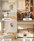 Collage showing a bathroom, study, bedroom, and kitchen each with modern, minimalist decor.