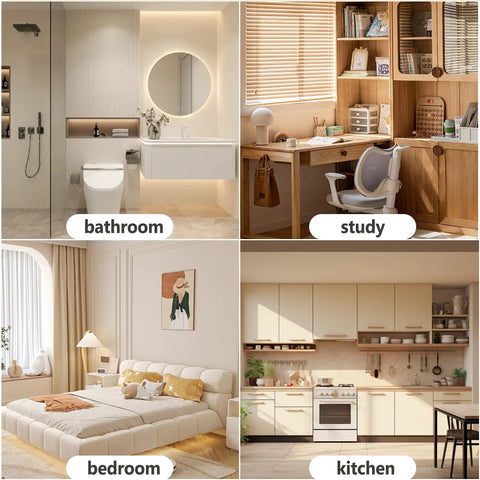 Collage showing a bathroom, study, bedroom, and kitchen each with modern, minimalist decor.