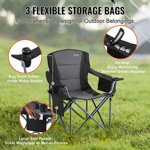 Oversized Camping Folding Chair With Quad Lumbar Back Support, Padded Comfort, side pockets, cup holder, cooler bag