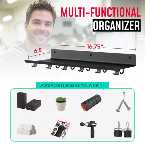 1 Tier Floating Shelf For Tonal Accessories And Home Gym Storage, wall mount with hooks and dimensions 16.75" x 6.5"