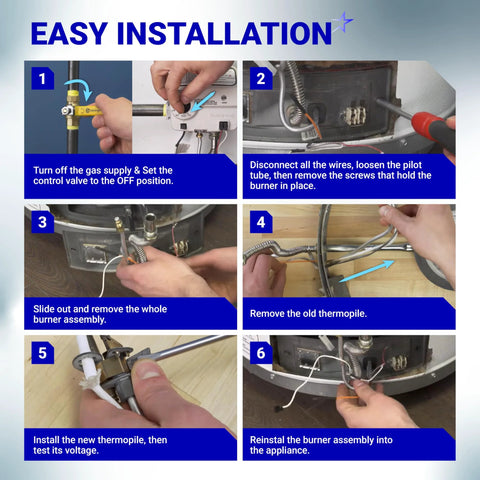 Fireplace pilot burner assembly with thermopile, aluminum construction, shown in a six-step installation guide.