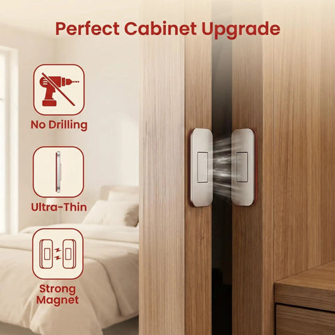 6 Pack No Drill Invisible Cabinet Catches with rust proof stainless steel magnetic latches and strong adhesive for easy install.