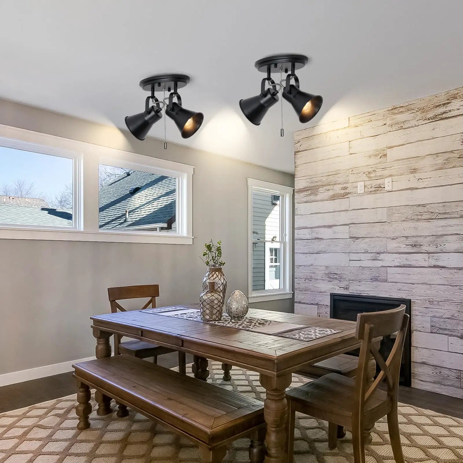 Two Light Black Track Lighting With Pull Chain ✓