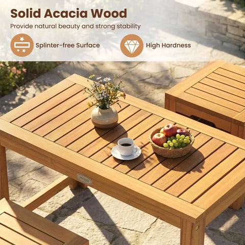 Acacia Wood Outdoor Coffee Table With Stools Three Piece Patio Set With Hidden Storage on stone patio