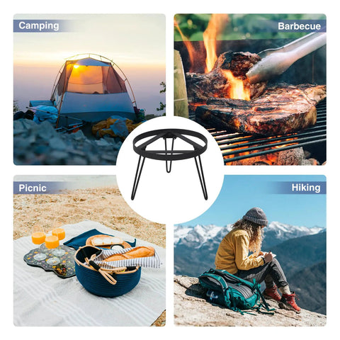 Collage of a Folding Campfire Tripod For Cooking amid camping, grilling, picnicking, and hiking scenes