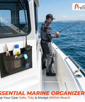 Dockside Ready Self-Adhesive Mesh Boat Storage Bag 10x7 Inch Marine Organizer with gear on boat wall, fishing scene