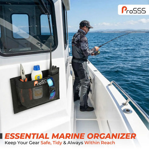 Dockside Ready Self-Adhesive Mesh Boat Storage Bag 10x7 Inch Marine Organizer with gear on boat wall, fishing scene