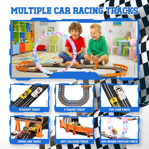 Children playing with 9.86Ft 2-In-1 Slot Car Track Set with Four Cars Dual Racing Mode Battery or Electric Power in playroom