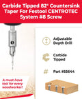 Pro Carbide Tipped 82 Degree Countersink Bit Fits Festool CENTROTEC Size 8 Screws 3/8 Shank with adjustable depth drill.