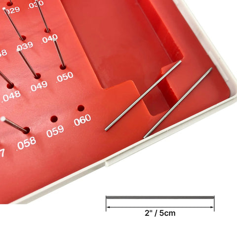 Pro Grade Pin Gauge Set 50 Piece In Bearing Steel, Heat Treated And Burr Free, With Sturdy Storage Case, Precision 0.011 To 0.060 Inches, Great For Machining, Alignment, And Tight Tolerances. Red case with .049-.060 pin gauges and 2in scale