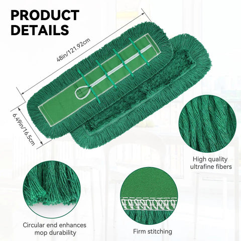 Top Shelf 48 Inch Green Dust Mop Heads 3 Pack Heavy Duty Washable Microfiber Floor Sweepers For Cafes And Stores, Sweep Up Dust Without Breaking A Sweat, product details and dimensions.