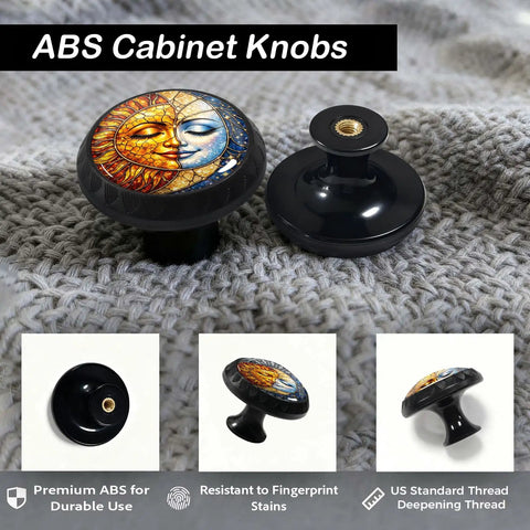 Boho Sun And Moon Face Cabinet Knobs 4 Pack, Stained Glass Mosaic Handles with sun and moon design on textile background.