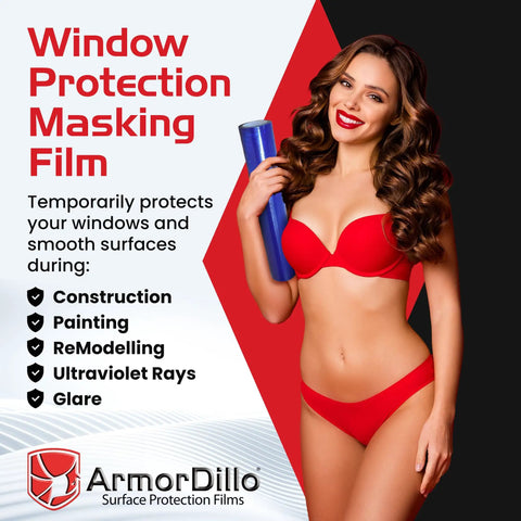 Heavy Duty Pro Grade Window Protection Film Roll 21 Inch By 600 Foot Self Adhesive Glass Covering For Painting And Construction UV Resistant 45 Day Temporary Masking Film advertised with model holding blue roll