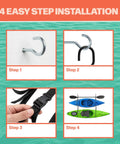 4-step installation guide for Double Kayak Rack for Wall or Ceiling Mounts with Adjustable Straps, includes hook and buckle close-ups