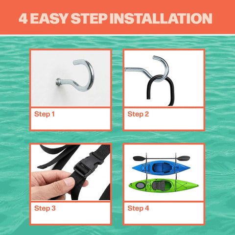 4-step installation guide for Double Kayak Rack for Wall or Ceiling Mounts with Adjustable Straps, includes hook and buckle close-ups