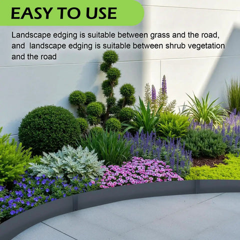 Garden with Easy Install No Dig Landscape Edging Kit With Galvanized Steel, Navy Blue Powder Coated Bendable Border Strips in use
