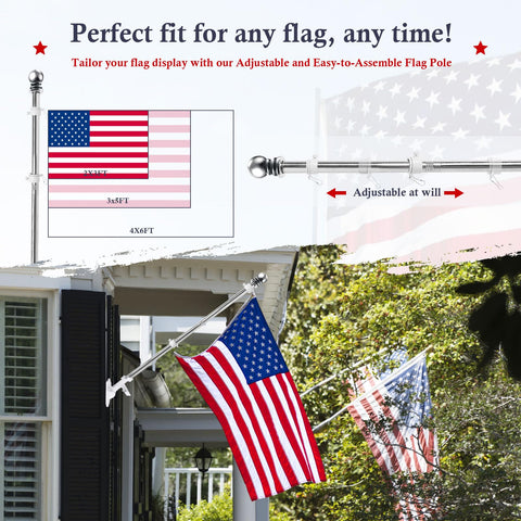 6Ft Outdoor Flag Pole Kit With 360 Degree Anti Wrap Rotating Rings For Porch And Garden Heavy Duty Stainless Steel Fits 3x5 Flags Bracket Not Included, showing American flag on porch with adjustable pole.