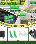 No-Fuss All-In-One 6-In-1 WiFi Hydroponics Monitor with various setup options and accessories shown.