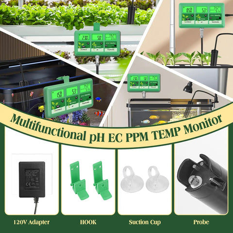 No-Fuss All-In-One 6-In-1 WiFi Hydroponics Monitor with various setup options and accessories shown.