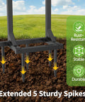 Close-up of five-spike base of Garden Water Hose Holder And Freestanding Hose Reel Rack in soil, showing rust-resistant features.