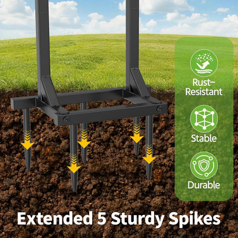 Close-up of five-spike base of Garden Water Hose Holder And Freestanding Hose Reel Rack in soil, showing rust-resistant features.