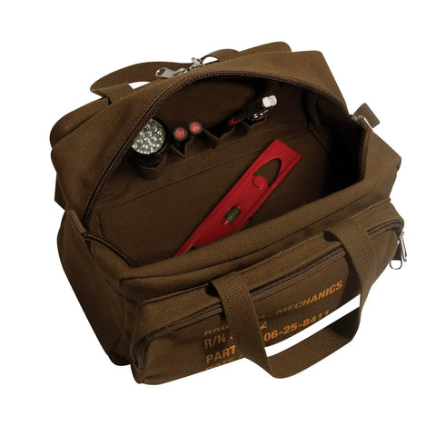 Mechanic Tool Bag With Heavy Duty Olive Drab Canvas Construction, Zipper Pockets, And Rugged Carry Handles filled with tools