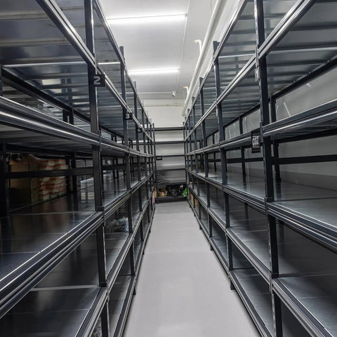 Aisle of industrial shelving units made with 4 Pack V Slot 2020 Aluminum Extrusion Profile 100mm By 20mm Anodized Black European Standard