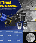 45° erect prism diagonal eyepieces for 90mm aperture 800mm focal length refractor telescope for adults and kids, magnification details shown