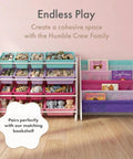 Image of a 4 Tier Toy Storage Organizer with 16 removable bins for kids playroom, showing white, blue, pink, and purple colors.