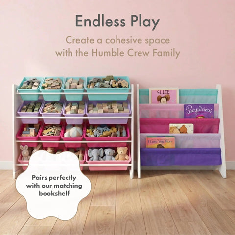 Image of a 4 Tier Toy Storage Organizer with 16 removable bins for kids playroom, showing white, blue, pink, and purple colors.