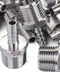 Heavy Duty Stainless Steel 316 Hose Barb Connector With 5/16 Hose Size And 1/2 Male Npt Thread, detailed view of connectors.