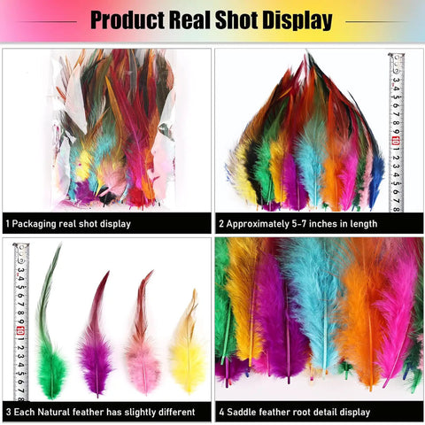 120 Pcs 5 To 7 Inch Rooster Saddle Feathers Bulk For Crafts And DIY Projects, Wedding Decor, Dream Catcher Supplies, Party Home Crafts, 12 Color Mix, Natural Saddle Hackle Feathers displayed in packaging and detail.