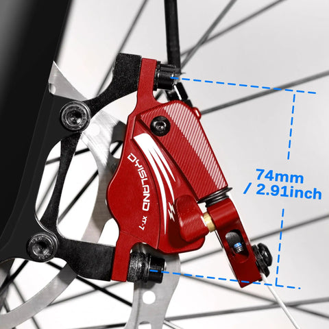 XT7 Hydraulic Disc Brake Calipers For MTB And Electric Bikes Front And Rear Line Pulling Cable Actuated CNC Red Side View