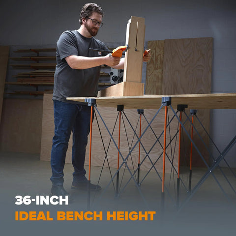 Man using Centipede CT9 36 Inch Tall Quick Setup Portable Folding Workbench With Carry Strap, collapsible construction table.