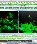 Glow-in-the-dark fish jigs from the 160 Piece Ice Fishing Jigs And Soft Worm Baits Kit With UV And Micro Glow For Walleye Crappie Panfish Trout All In One Winter Tackle Set For Ice Fishing Box Included.